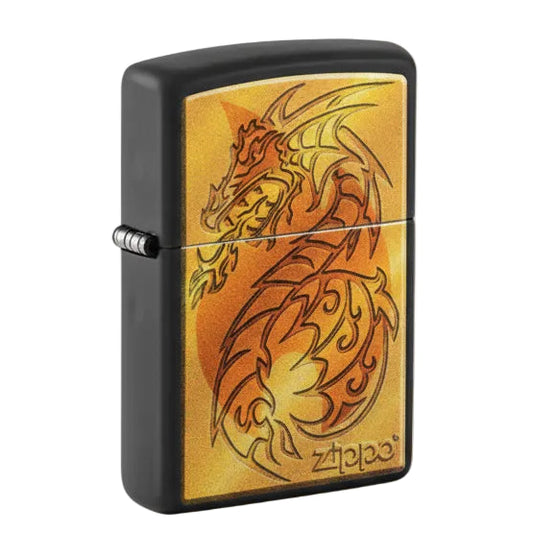 Zippo lighter with dragon design on a white background