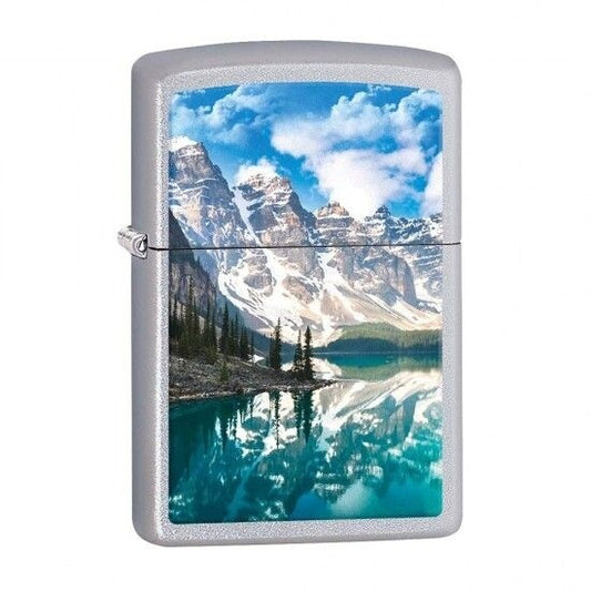 Zippo lighter with a mountain and lake design on a white background