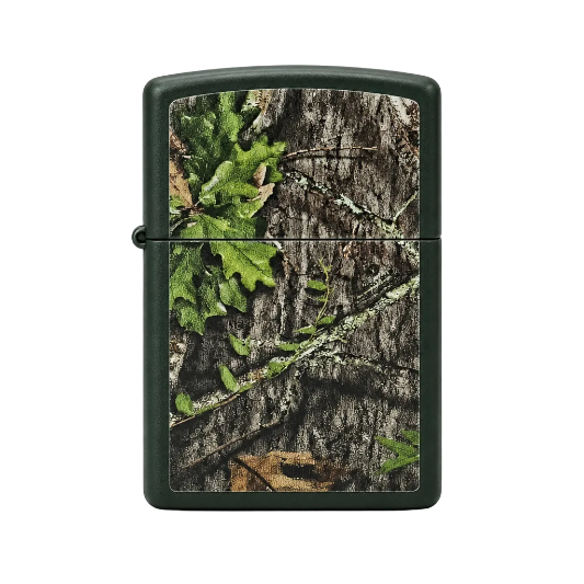 Camouflage-patterned lighter with green leaves on a white background