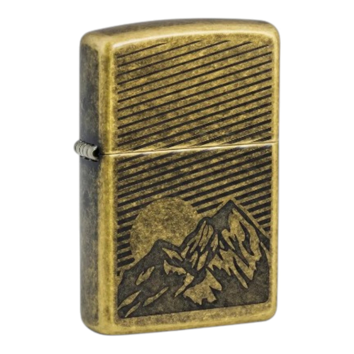 Zippo Antique Brass Mountain Design lighter featuring engraved mountain peaks, a setting sun, diagonal line detailing across the front, a weathered gold finish, and a silver-toned side hinge, shown at an angle on a white background.