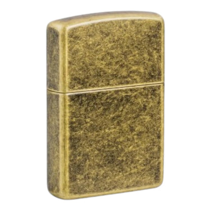 Zippo windproof lighter with a distressed antique brass finish, weathered gold and dark brown tones, rounded corners, and a plain metal back, shown at an angle on a white background.