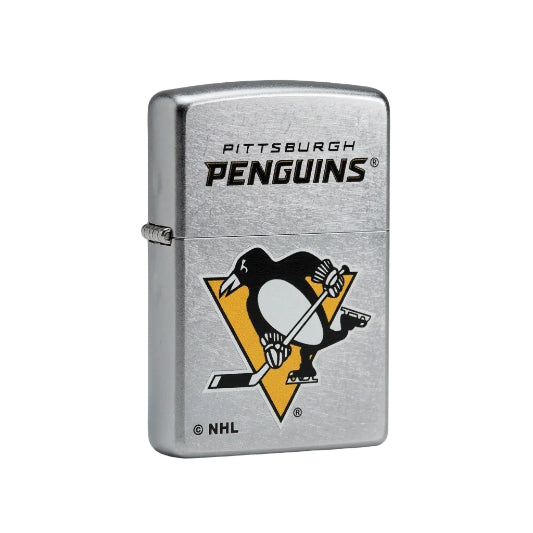 A Zippo lighter with the Pittsburgh Penguins logo, featuring a color imaged design on a silver background, and the team's logo.