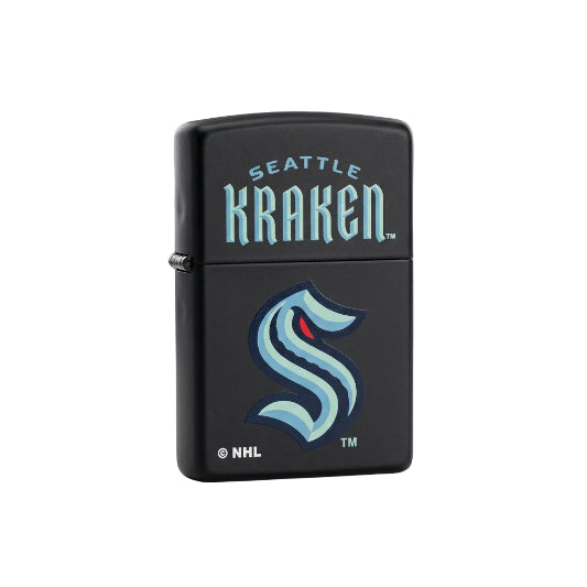 A black Zippo windproof lighter with the Seattle Kraken logo in color on a matte finish. Includes the text 'SEATTLE KRAKEN' and the team's iconic S-shaped logo in blue and red on a black background.
