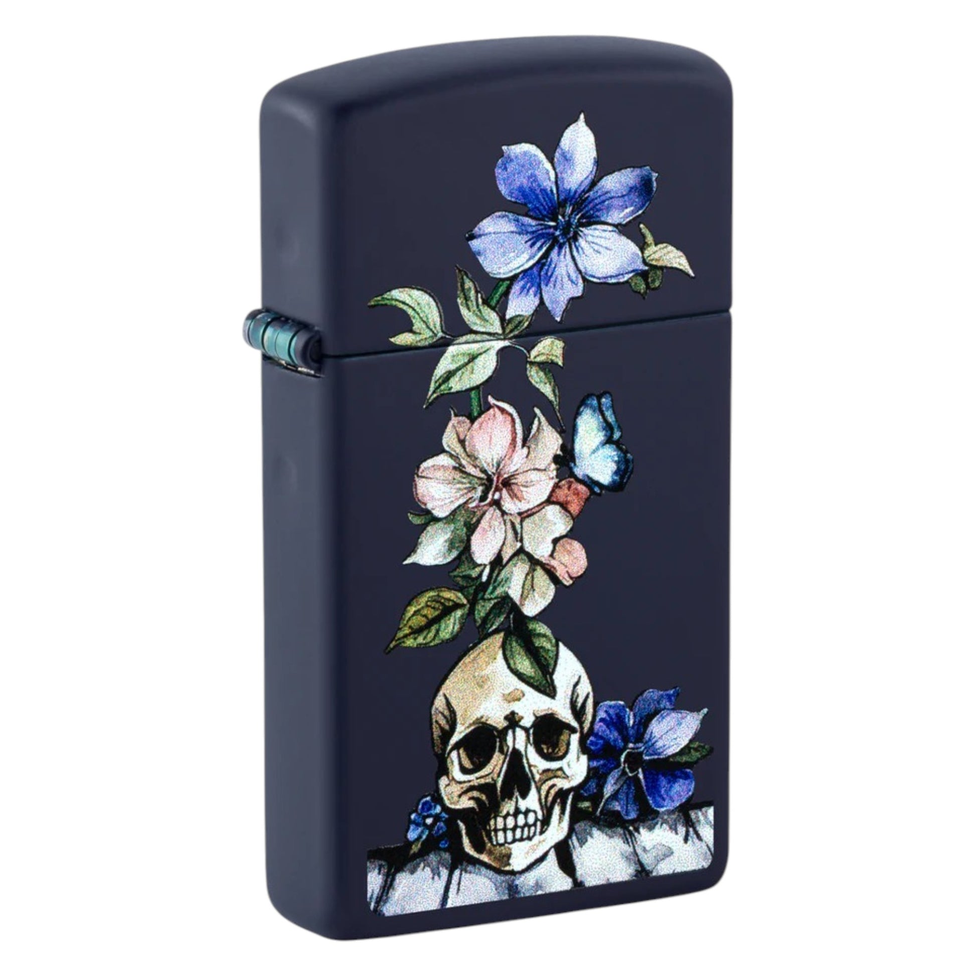 Navy matte Zippo lighter with skull and colorful floral design featuring blue and pink flowers surrounding the skull. - The Wee Smoke Shop