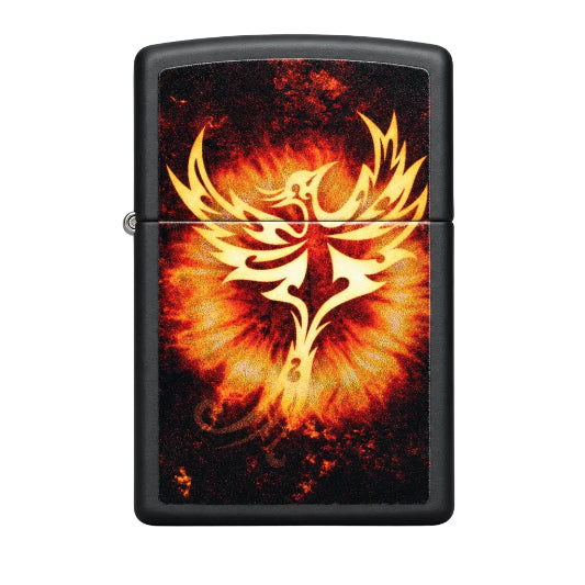 A Zippo Phoenix lighter with a black background and a design of a rising phoenix in orange and yellow flames.
