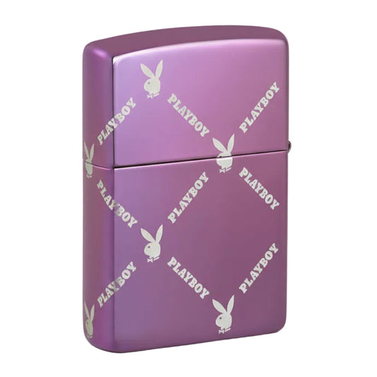 Pink Zippo lighter with repeated white Playboy bunny logos and Playboy text design. The Wee Smoke Shop