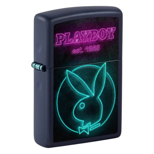 Dark Zippo lighter with neon pink Playboy text and teal Playboy bunny logo. - The Wee Smoke Shop