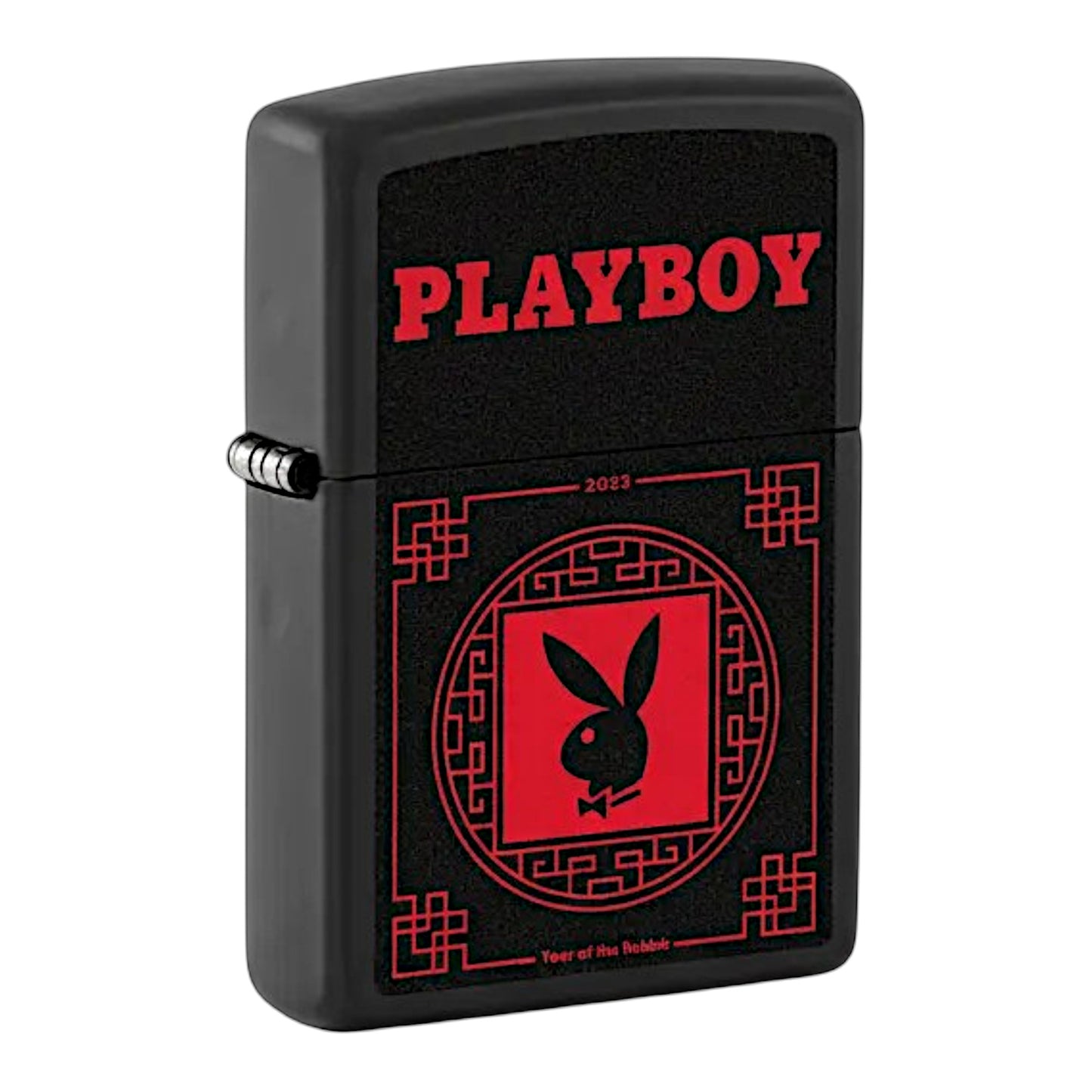Zippo Playboy lighter black matte finish with red logo design, windproof refillable metal lighter Playboy bunny graphic Zippo - The Wee Smoke Shop
