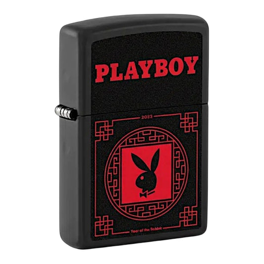 Zippo Playboy lighter black matte finish with red logo design, windproof refillable metal lighter Playboy bunny graphic Zippo - The Wee Smoke Shop