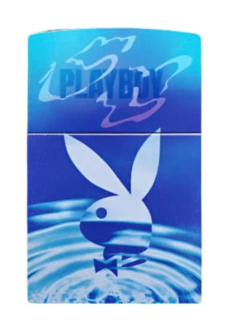 A Zippo lighter with a Playboy-branded design featuring a stylized rabbit head and water ripples.