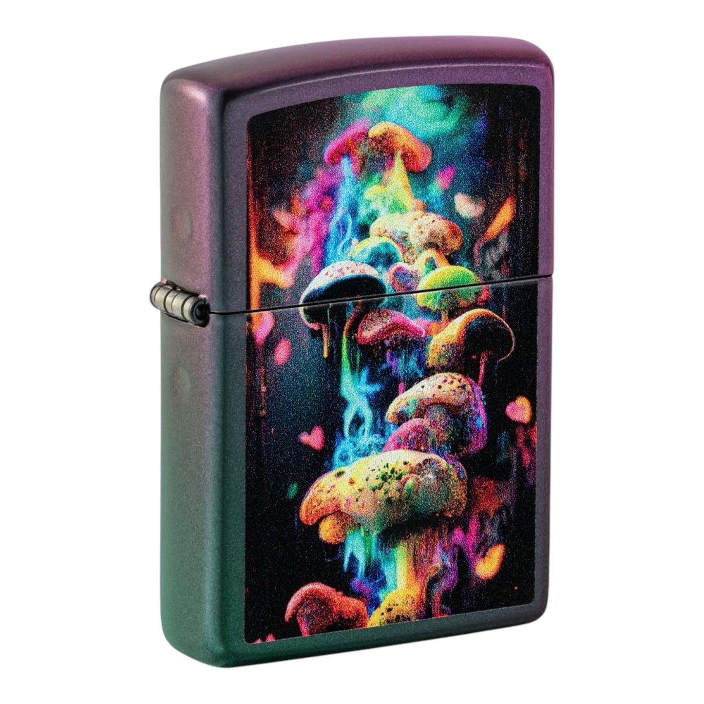 Matte Zippo lighter featuring a vibrant psychedelic mushroom design with neon colors and trippy artwork. Durable metal construction with a classic windproof flame for reliable everyday use. A bold, eye-catching piece with unique artistic style.