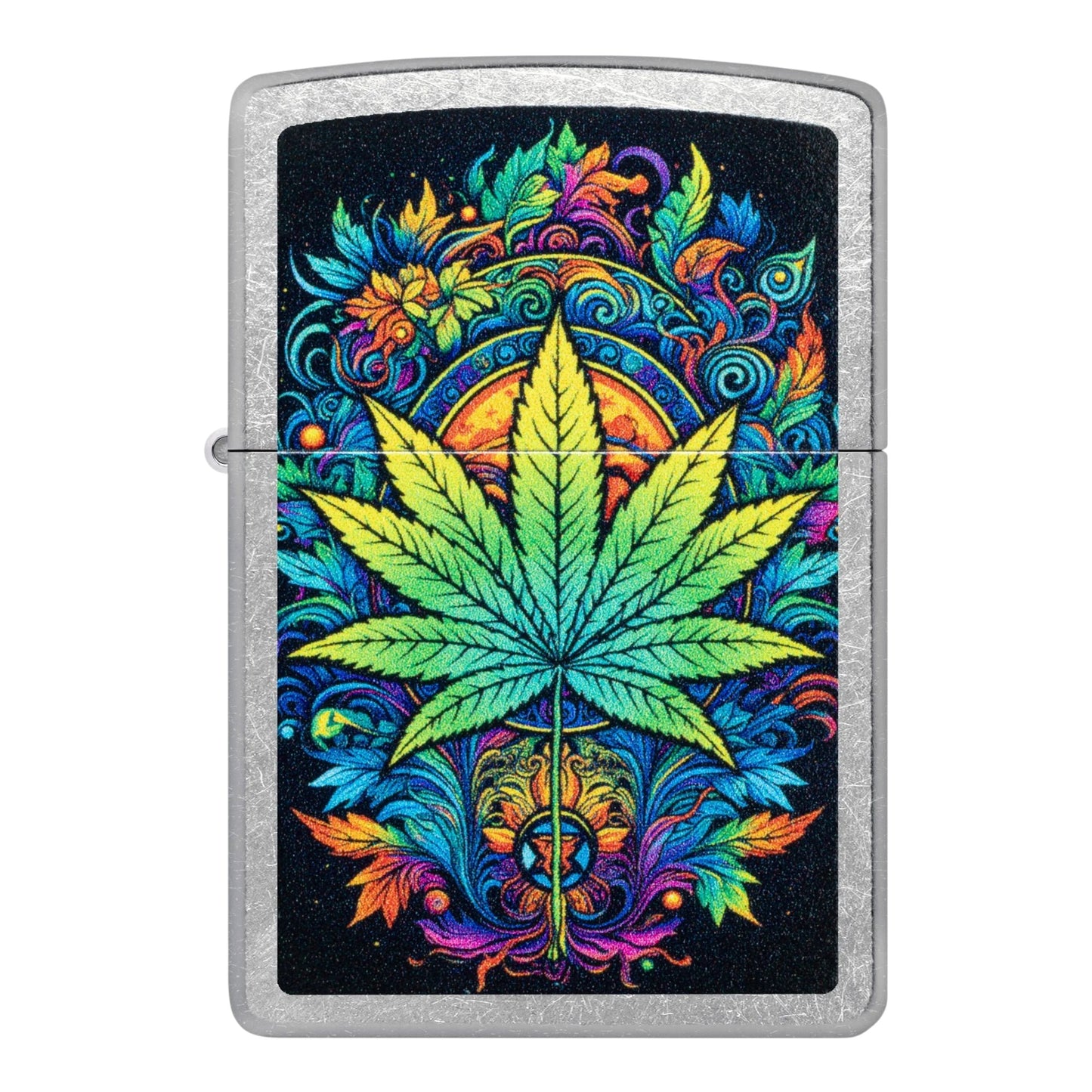 Zippo psychedelic weed leaf lighter, colorful cannabis leaf design lighter, windproof refillable chrome Zippo with trippy pattern artwork - The Wee Smoke Shop