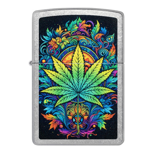 Zippo psychedelic weed leaf lighter, colorful cannabis leaf design lighter, windproof refillable chrome Zippo with trippy pattern artwork - The Wee Smoke Shop
