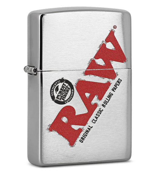 brushed chrome zippo lighter with RAW rolling papers logo red design on front - The Wee Smoke Shop