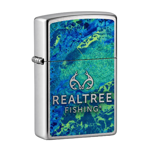 A silver Zippo lighter with a Realtree camouflage pattern in shades of blue and green, featuring fishing-themed graphics and the text 'REALTREE FISHING'.