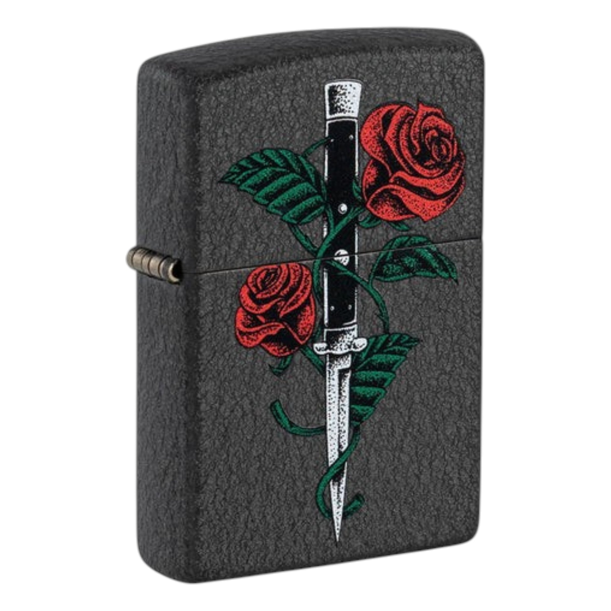 black crackle zippo lighter with dagger and red rose design - The Wee Smoke Shop
