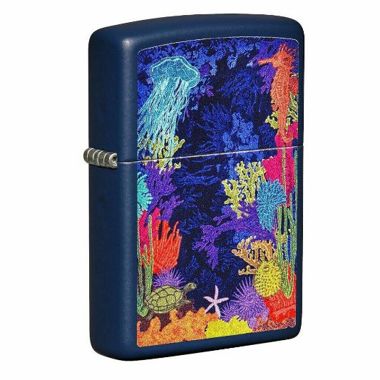 A Zippo lighter with a navy blue background featuring a vibrant sea life design with multiple colors.