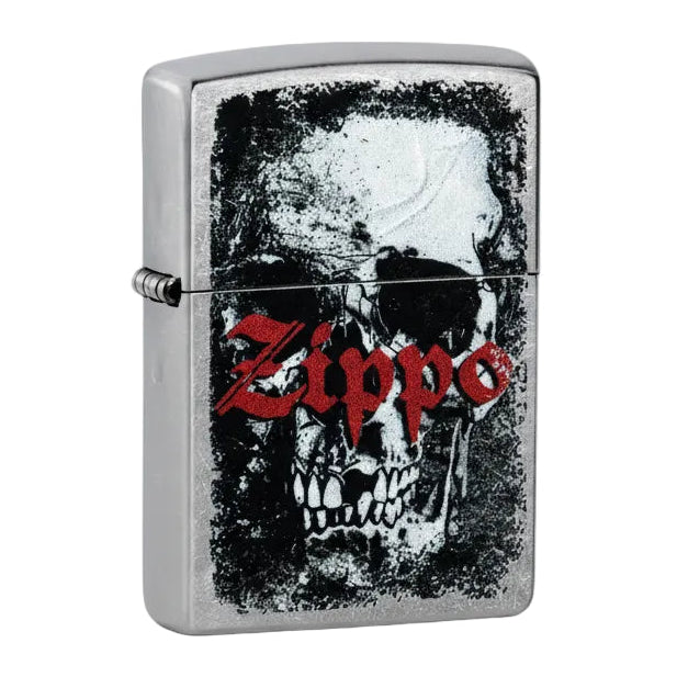 Zippo lighter with skull design and red 'Zippo' logo on a white background