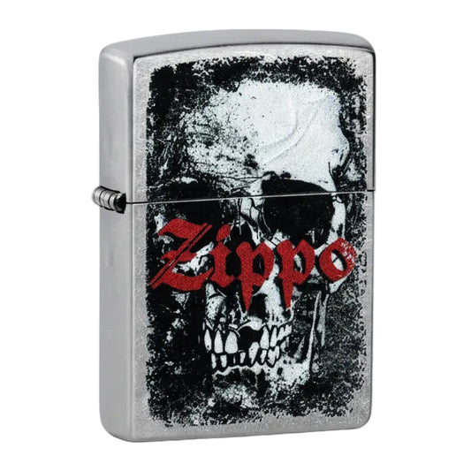 Zippo lighter with skull design and red 'Zippo' logo on a white background