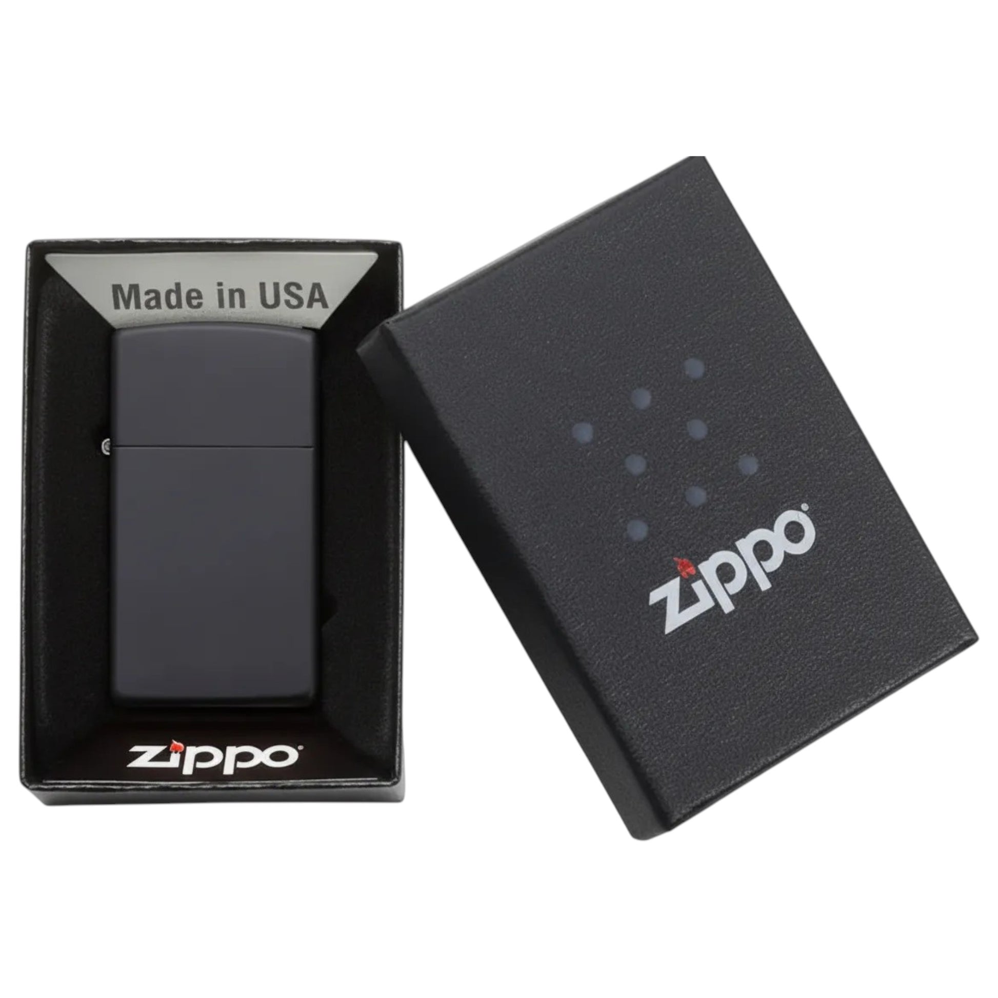 Black matte Zippo slim lighter in black Zippo gift box. - The Wee Smoke Shop