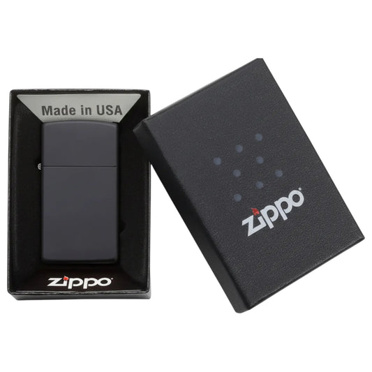 Black matte Zippo slim lighter in black Zippo gift box. - The Wee Smoke Shop