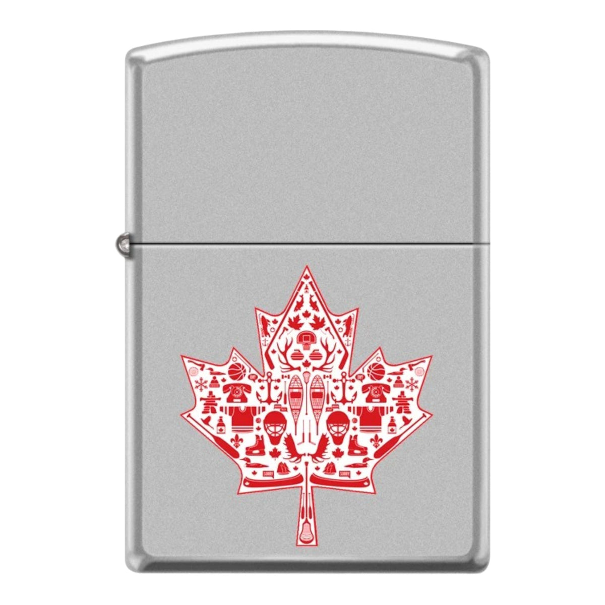 Silver Zippo windproof lighter with a satin finish and a large red maple leaf graphic filled with Canadian symbols, including hockey jerseys, skates, hockey sticks, snowshoes, wildlife, and maple leaves. Features a classic flip-top lid and visible side hinge against a white background.