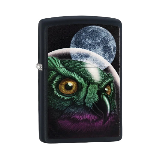 A black matte Zippo lighter with a design of an owl wearing a space helmet against a moonlit background.