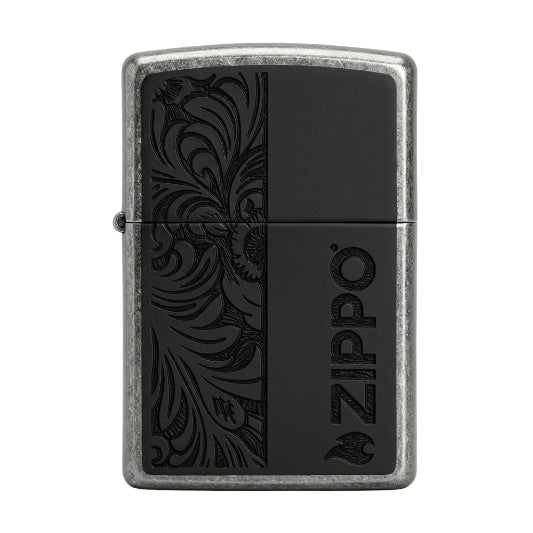 Zippo Street Chrome/Black Leather Laser Engrave Lighter on white Background