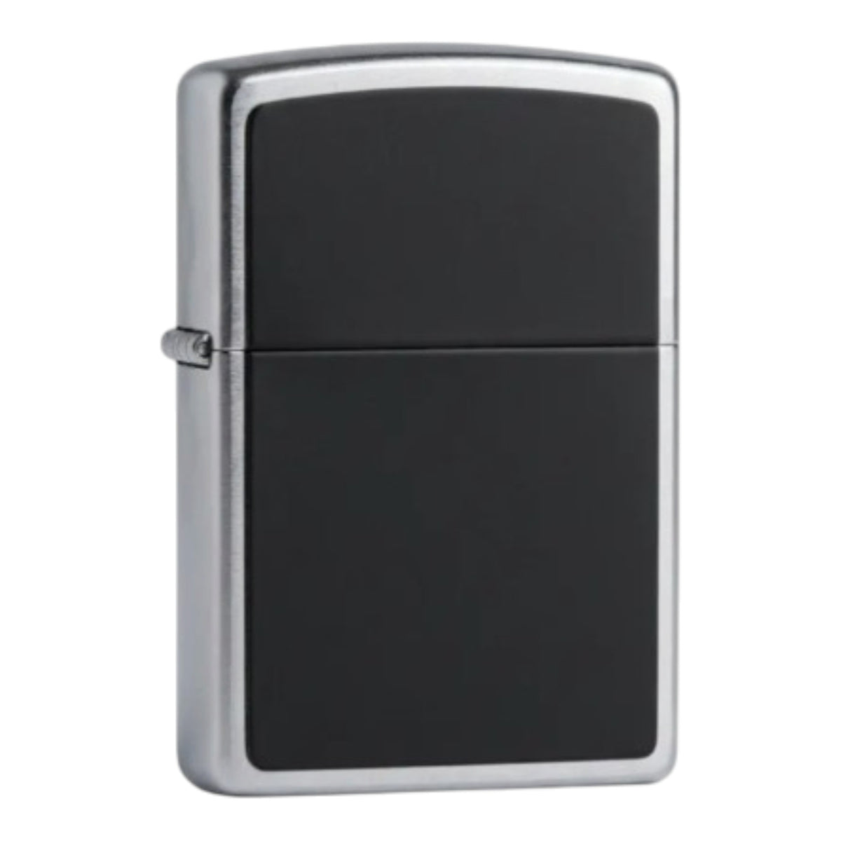 Zippo Street Chrome Black Leather windproof lighter with a smooth black leather front panel, brushed silver metal frame, rounded corners, and classic flip-top lid with a visible side hinge, shown at a slight angle against a white background.