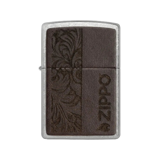 Zippo Street Chrome/Brown Leather Laser Engrave Lighter on white background