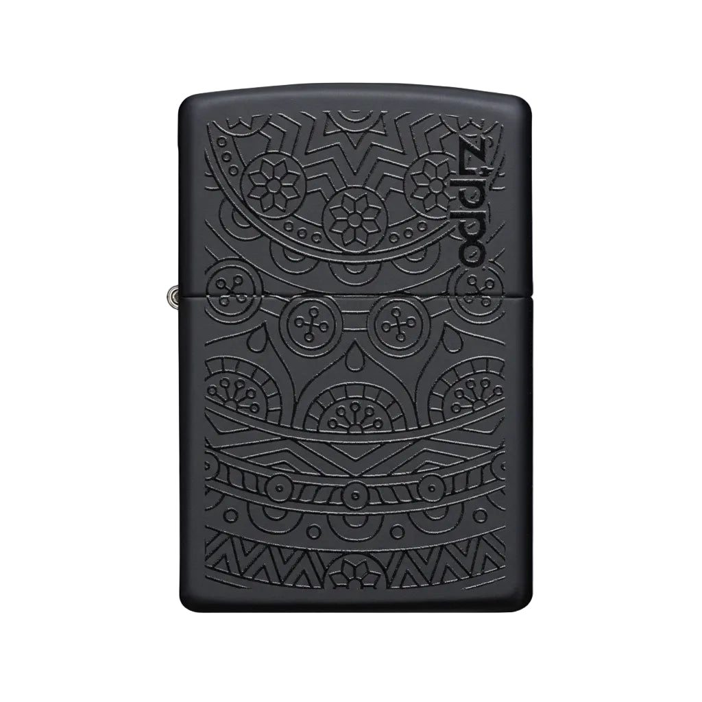 Black matte Zippo lighter with tone-on-tone engraved pattern. - The Wee Smoke Shop