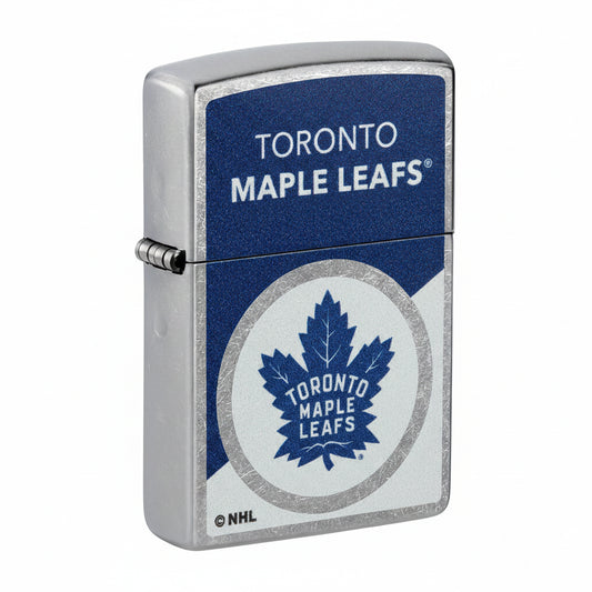 Zippo lighter with Toronto Maple Leafs logo on a blue and silver background
