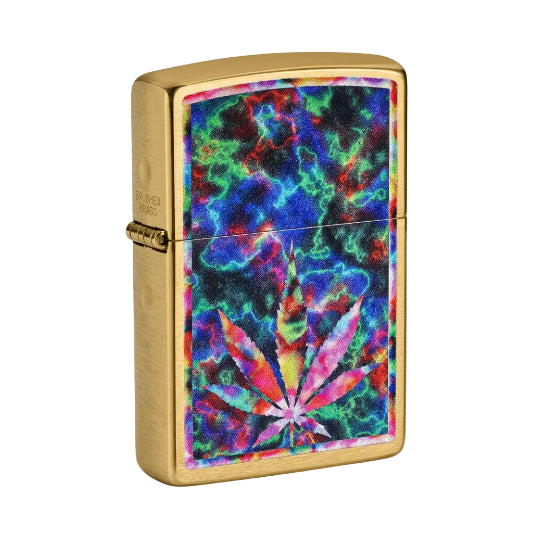 A brass Zippo lighter with a colorful psychedelic marijuana leaf design on the front cover.