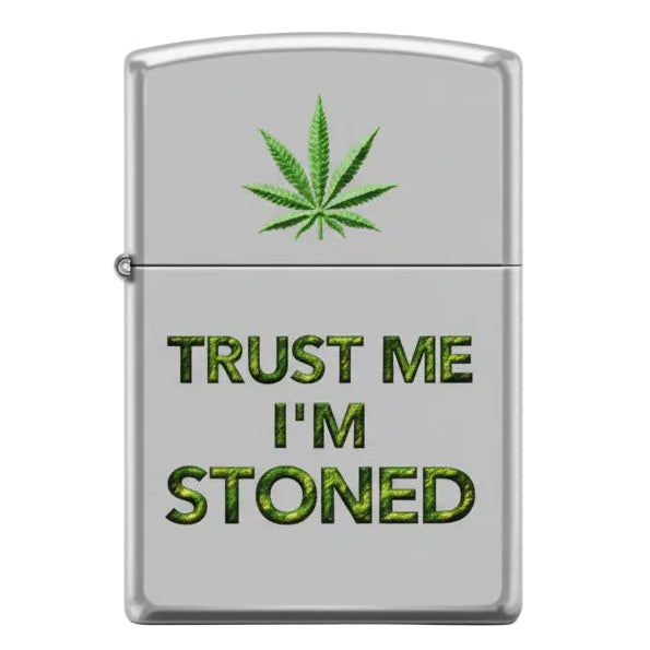 Lighter with marijuana leaf and 'Trust Me I'm Stoned' text on a white background