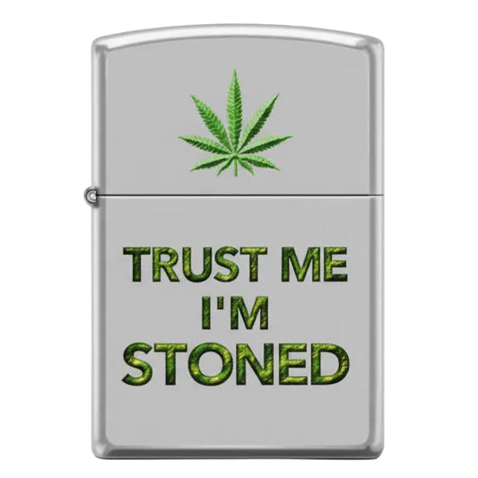 Lighter with marijuana leaf and 'Trust Me I'm Stoned' text on a white background