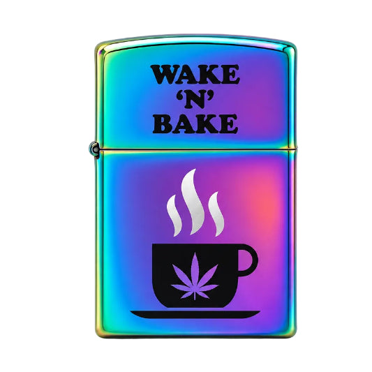 Multicolored lighter with 'Wake 'N' Bake' text and coffee cup with marijuana leaf icon on a white background