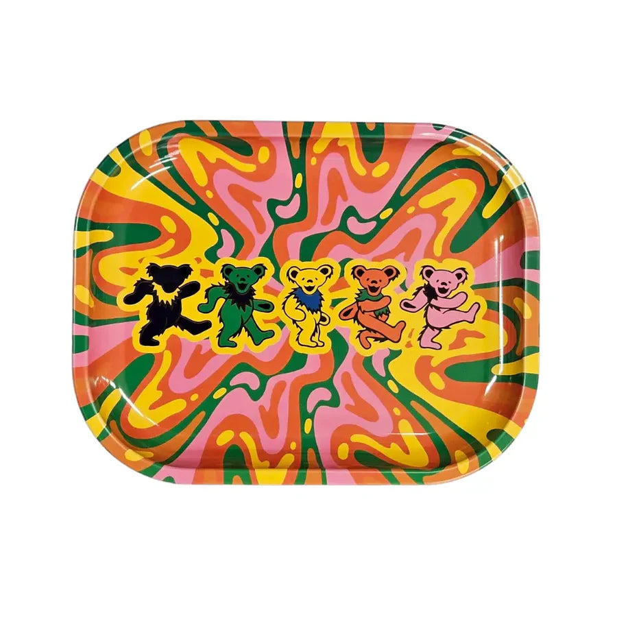 Colorful tray with psychedelic design and bear illustrations on a white background