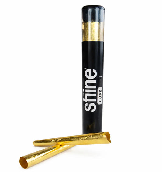Shine 24K gold pre rolled cone packaging partially visible, king size hemp blend cone on right side