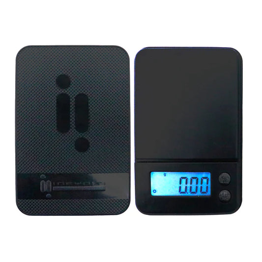 Black digital scale with digital display on a white background