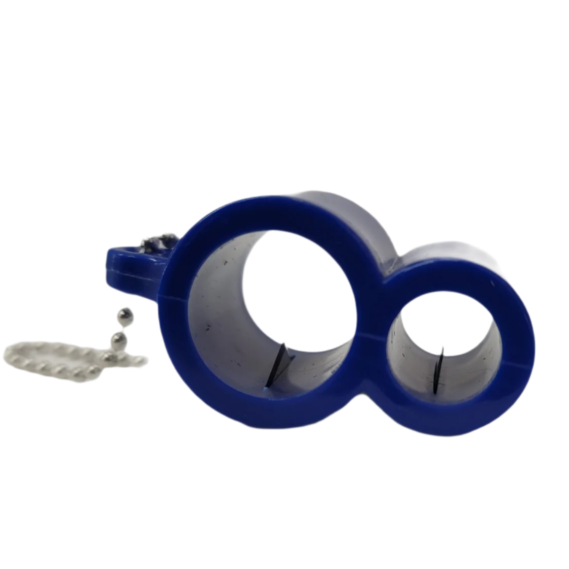Blue double-ring cigar cutter with two circular cutting holes, visible inner blades, and a small metal keychain attachment on the side.