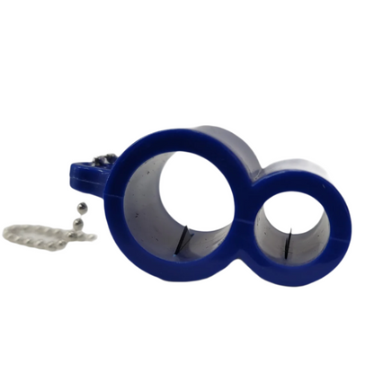 Blue double-ring cigar cutter with two circular cutting holes, visible inner blades, and a small metal keychain attachment on the side.