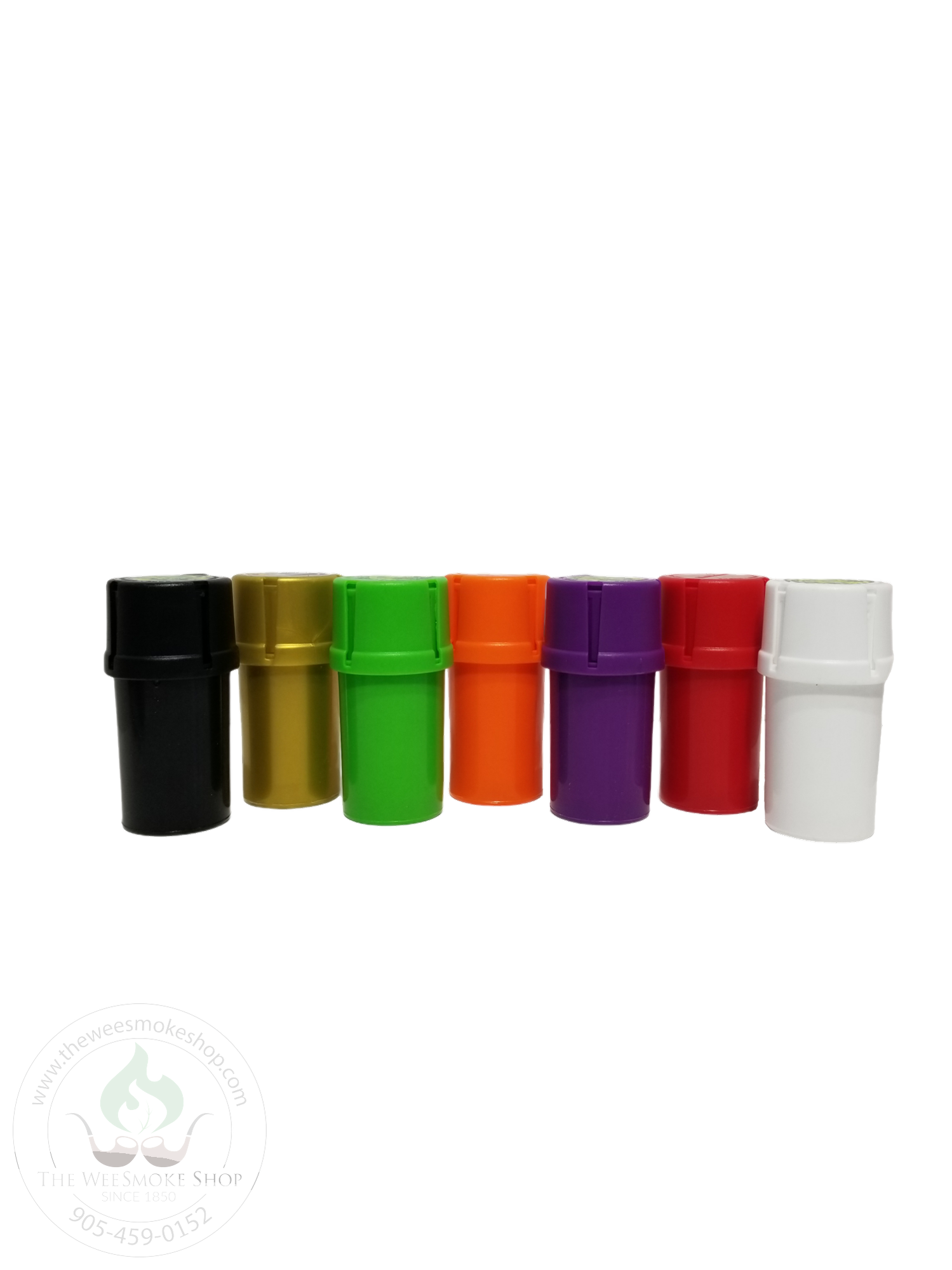 Black, gold, green, orange, purple, red, white medtainers in a row