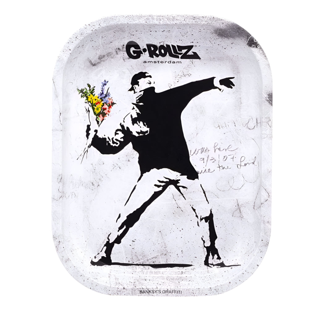 G-Rollz Amsterdam tray with a stylized illustration of a person throwing flowers, on a white background.