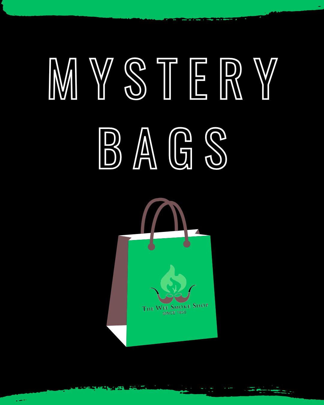 Green mystery bag with a logo on a black background