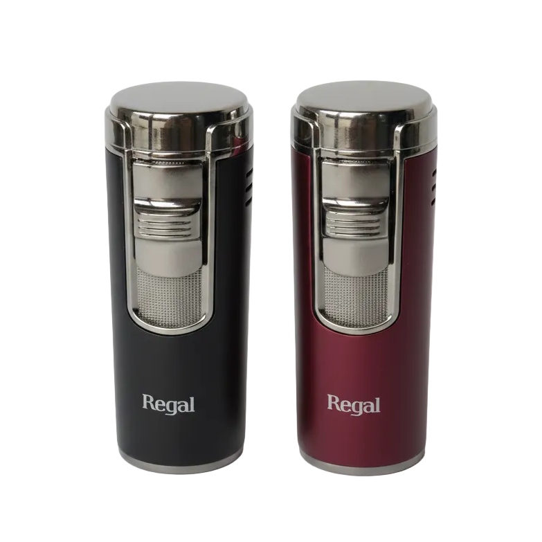 Two Regal lighters, one black and one red, on a white background