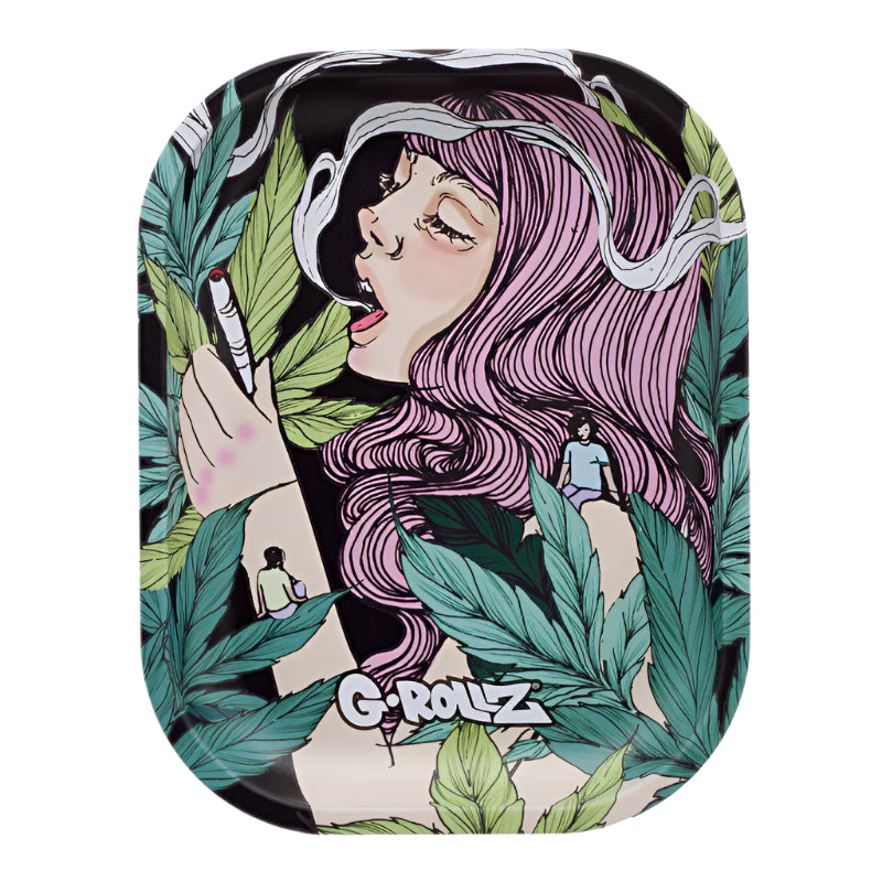 Tray with a design of a person with pink hair and leaves, featuring the brand 'G-Rollz'.
