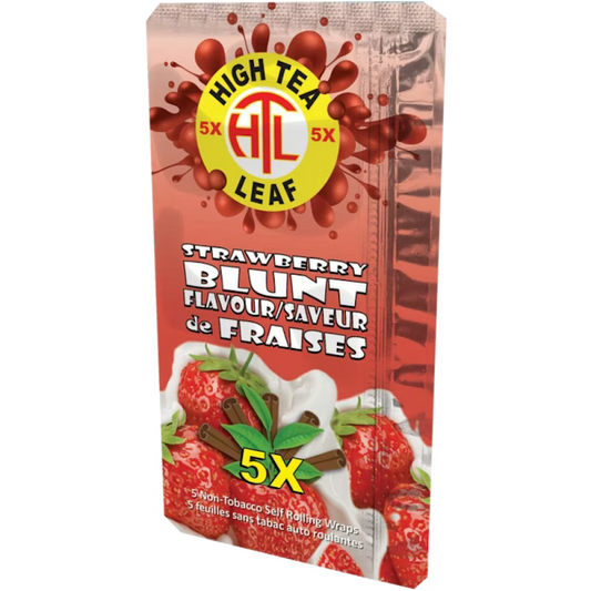 High Tea Leaf Strawberry hemp wraps pouch, flavored hemp wraps with strawberry, made from hemp cacao and mate, tobacco-free, 5 wraps per pack.