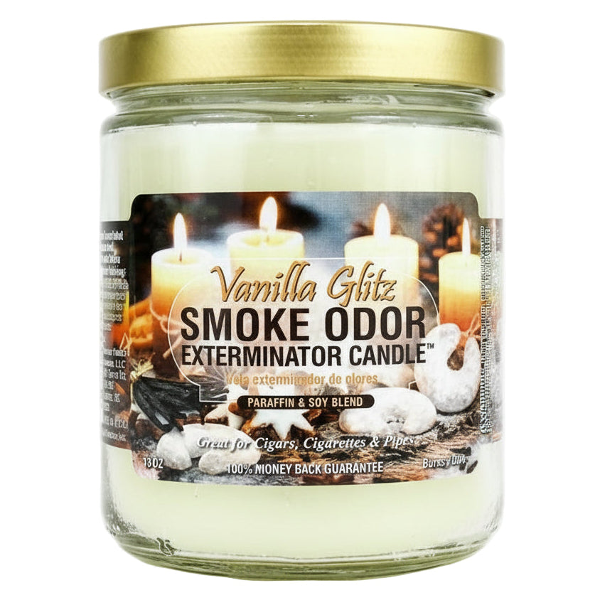 Vanilla Glitz Smoke Odor Exterminator Candle jar with gold lid on a white background -The Wee Smoke Shop