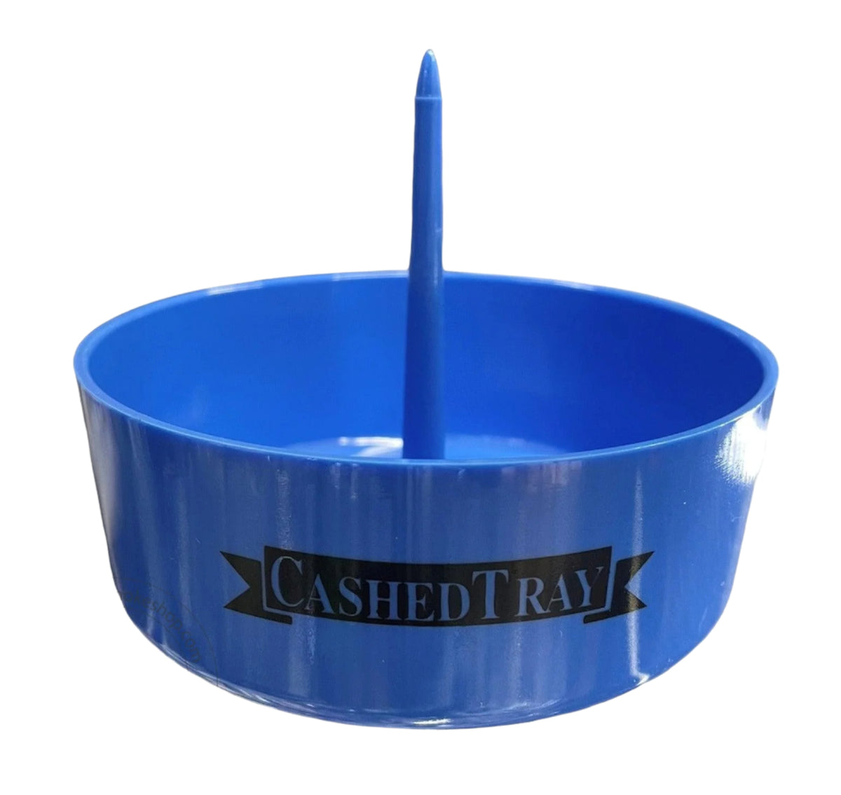 A blue bowl cleaner ash tray with a central spike, branded with 'CASHED TRAY' on the side.