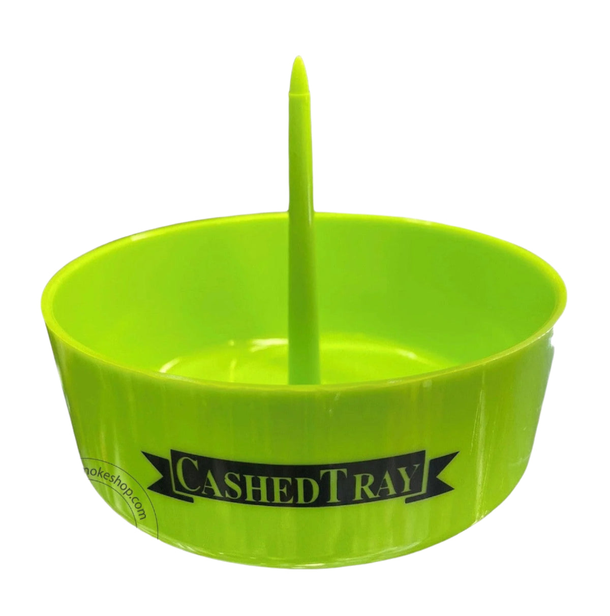A green bowl cleaner ash tray with a central spike, branded with 'CASHED TRAY' on the side.